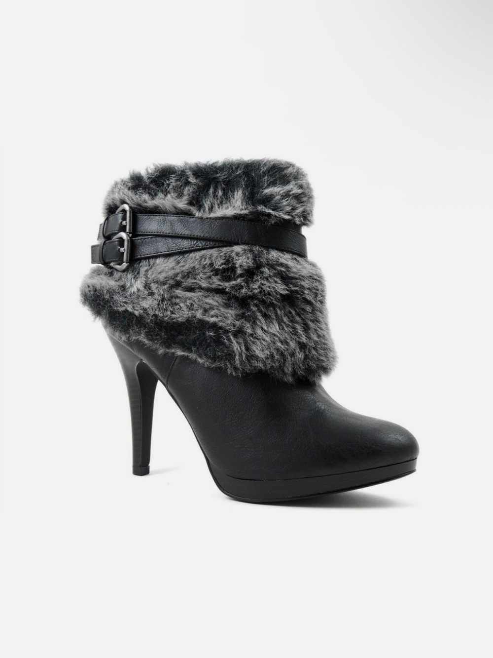 Faux Fur Trim Black Ankle Bootie - Women's Fashion Heel
